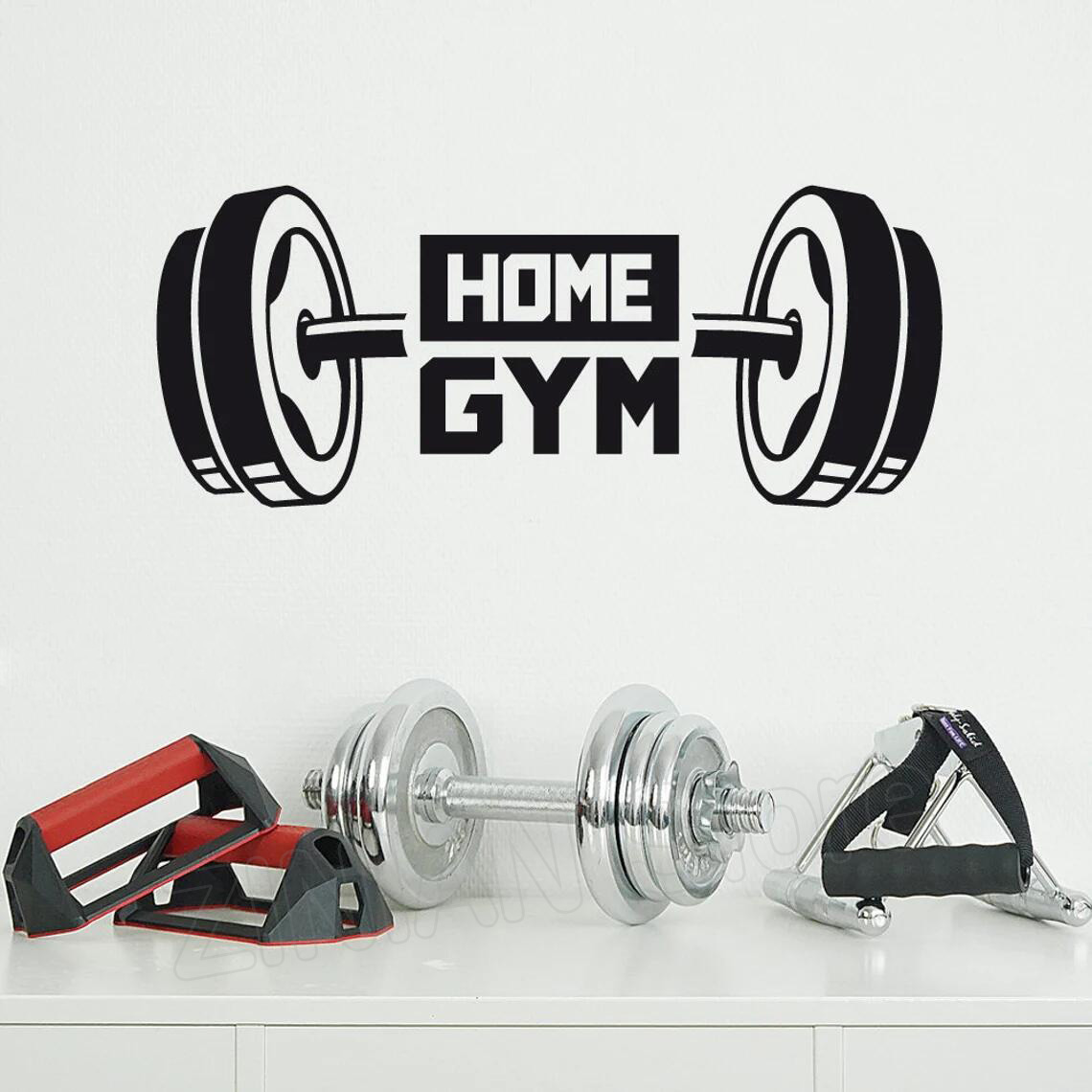 Home Gym On Wall - Fitness Gym หน้าแรกตกแต่งผนังสติกเกอร์ Dumbbell หน้าแรกการฝึกอบรมไวนิลรูปลอกติดผนัง Barbell